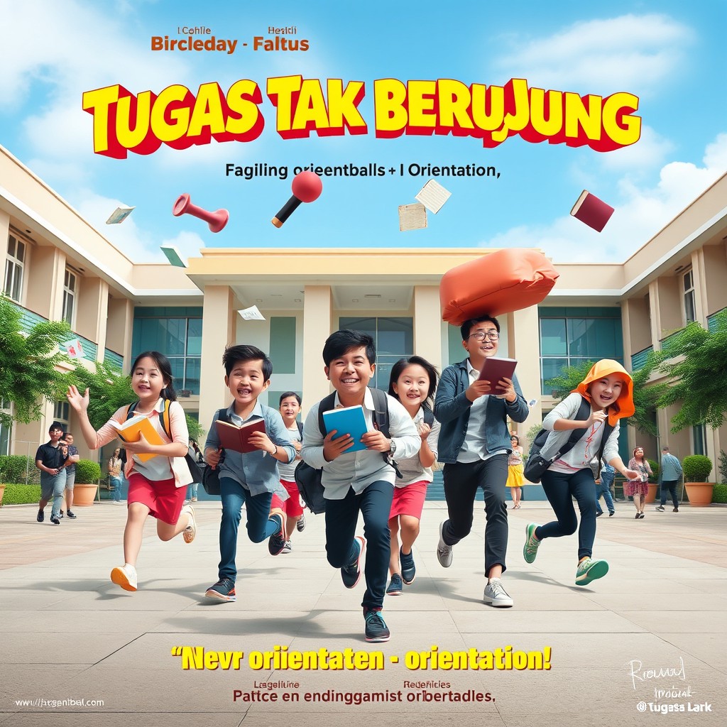 A humorous movie poster for the fictional film "Tugas Tak Berujung" featuring a group of quirky college students involved in chaotic orientation activities