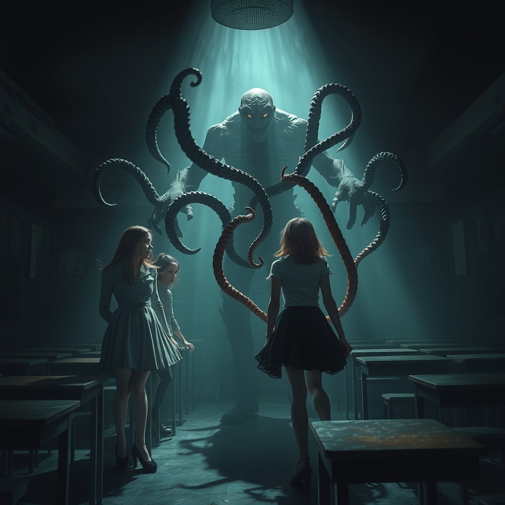 Suspenseful Encounter: The Shadowy Monster in the Abandoned Classroom