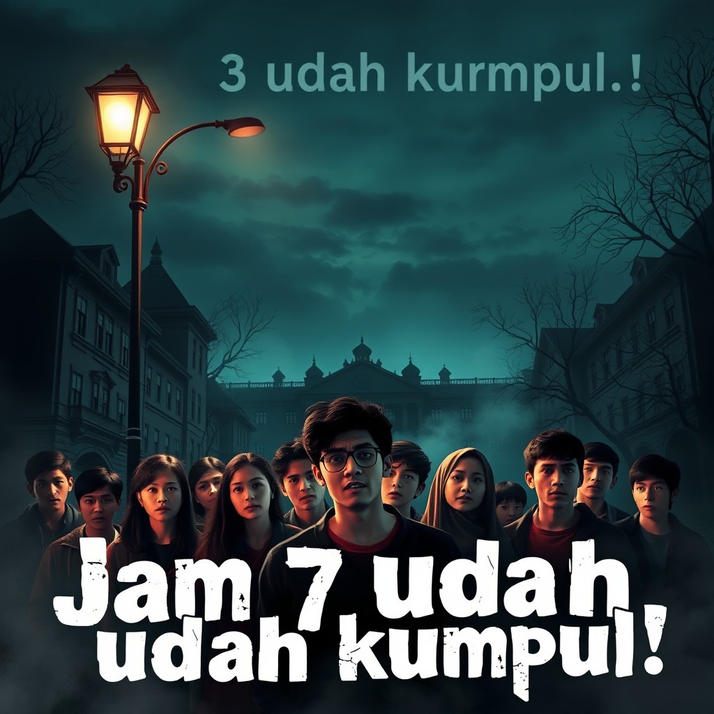 A chilling poster for a horror-themed event titled "Jam 7 udah kumpul!" designed for university students during their orientation program