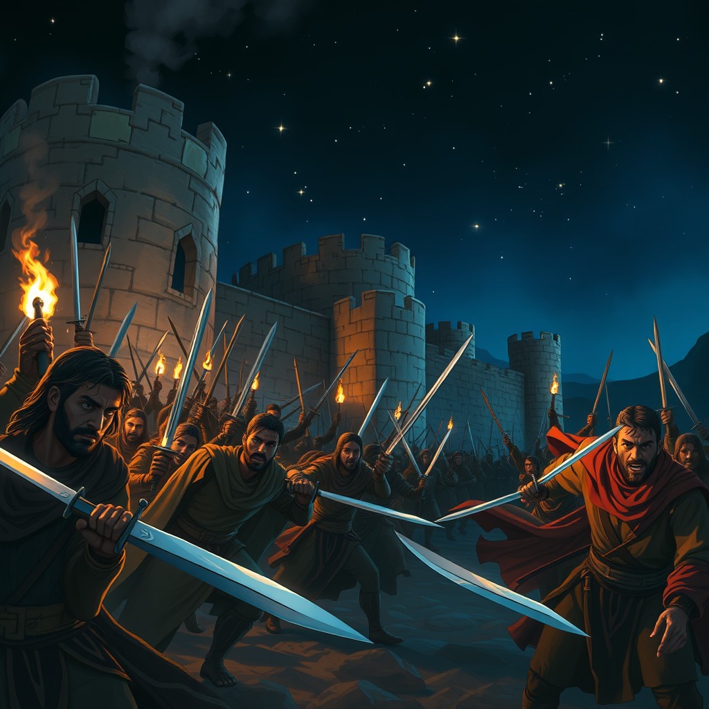 In a dramatic nighttime scene, the army of Alaa ibn al-Khaderemi surprises the besieging forces at the castle of Jawatha