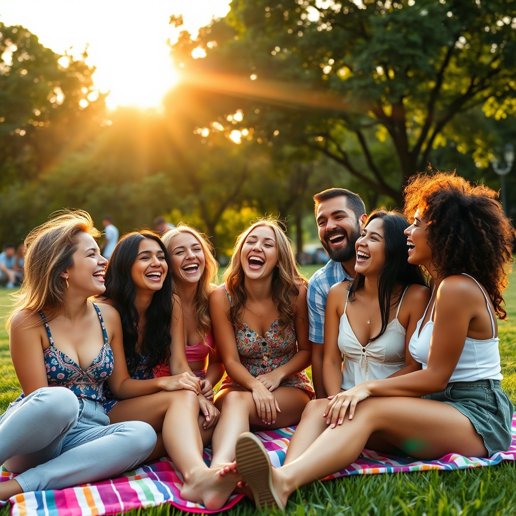 A group of friends joyfully gathered in a vibrant urban park during the golden hour, bathed in warm sunlight