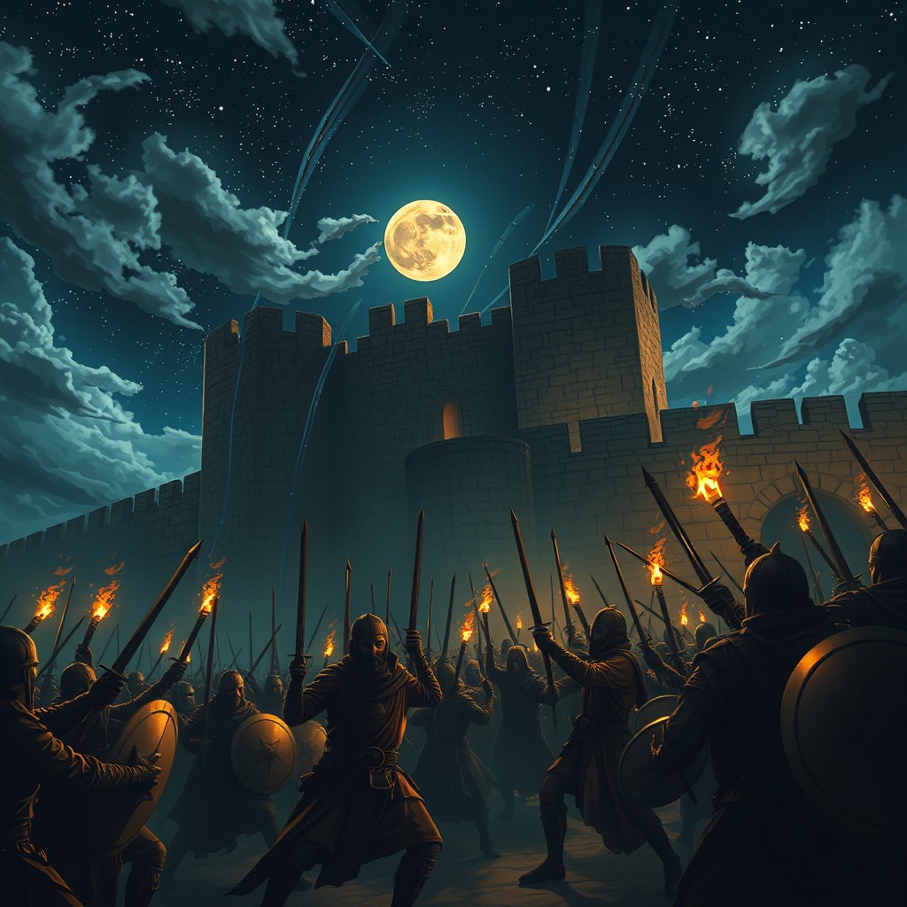 Under a starry night sky, the army of Alaa ibn al-Khaderemi surprises the besieging soldiers at the castle of Jawatha