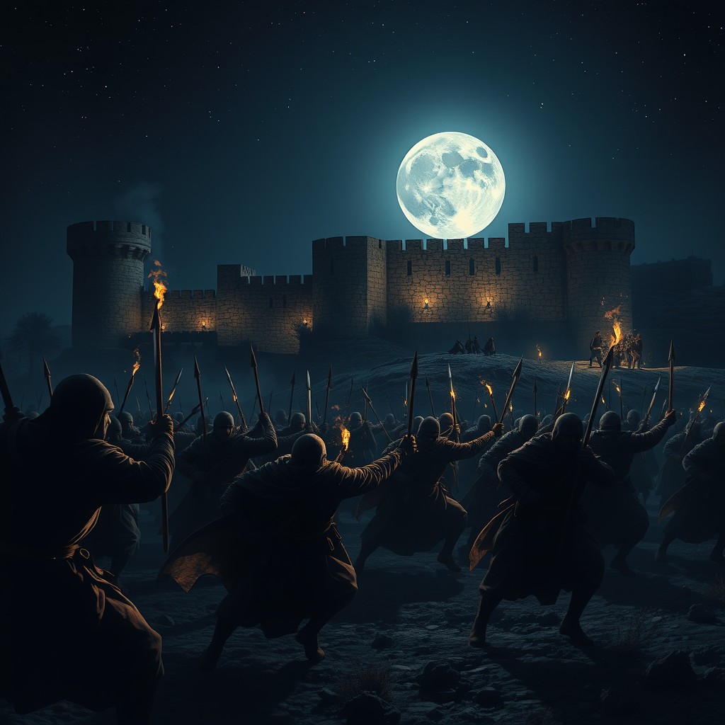 In a captivating midnight scene, the army of Alaa ibn al-Khaderemi executes a stealthy surprise attack on the besieging soldiers of the castle of Jawatha