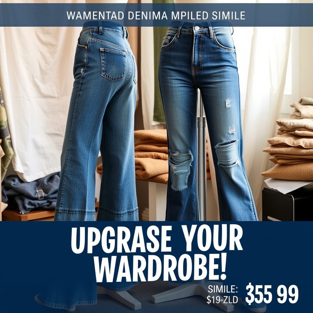 A stylish advertisement showcasing trendy women's denim jeans similar to the original image