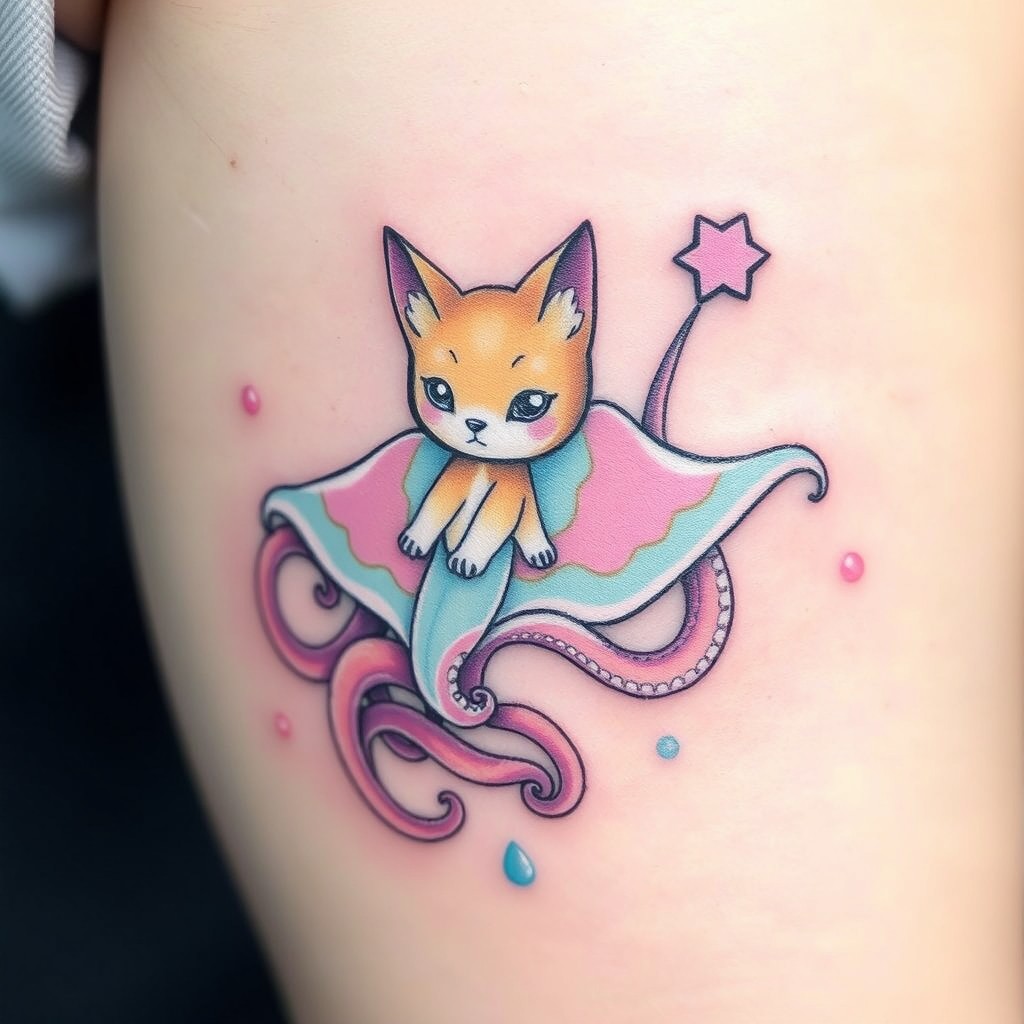 A pastel-colored whimsical tattoo design featuring a small aquatic and flying creature resembling a manta ray, with the head of both a fox and a cat