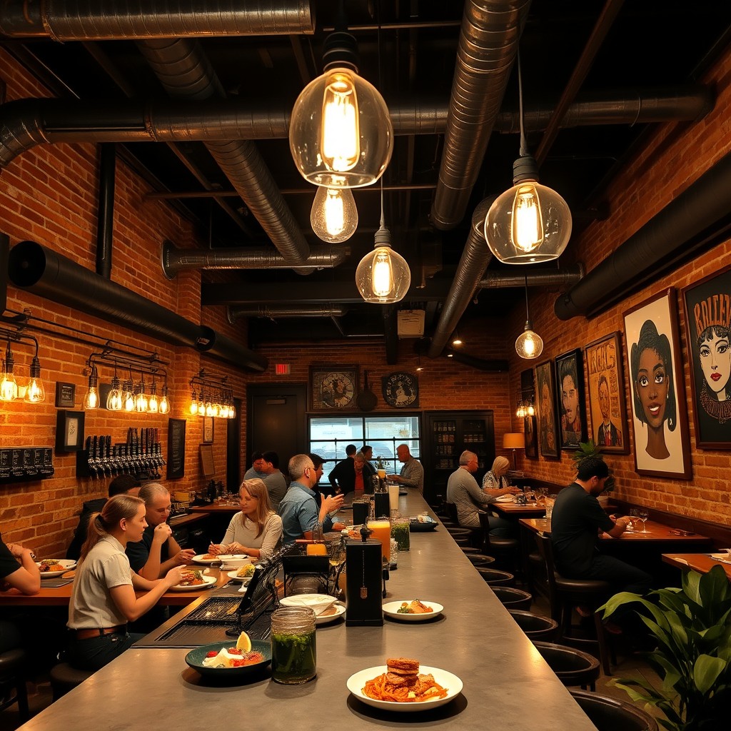 A cozy gastrobar featuring an industrial ambiance, characterized by exposed brick walls, metal beams, and warm wooden accents