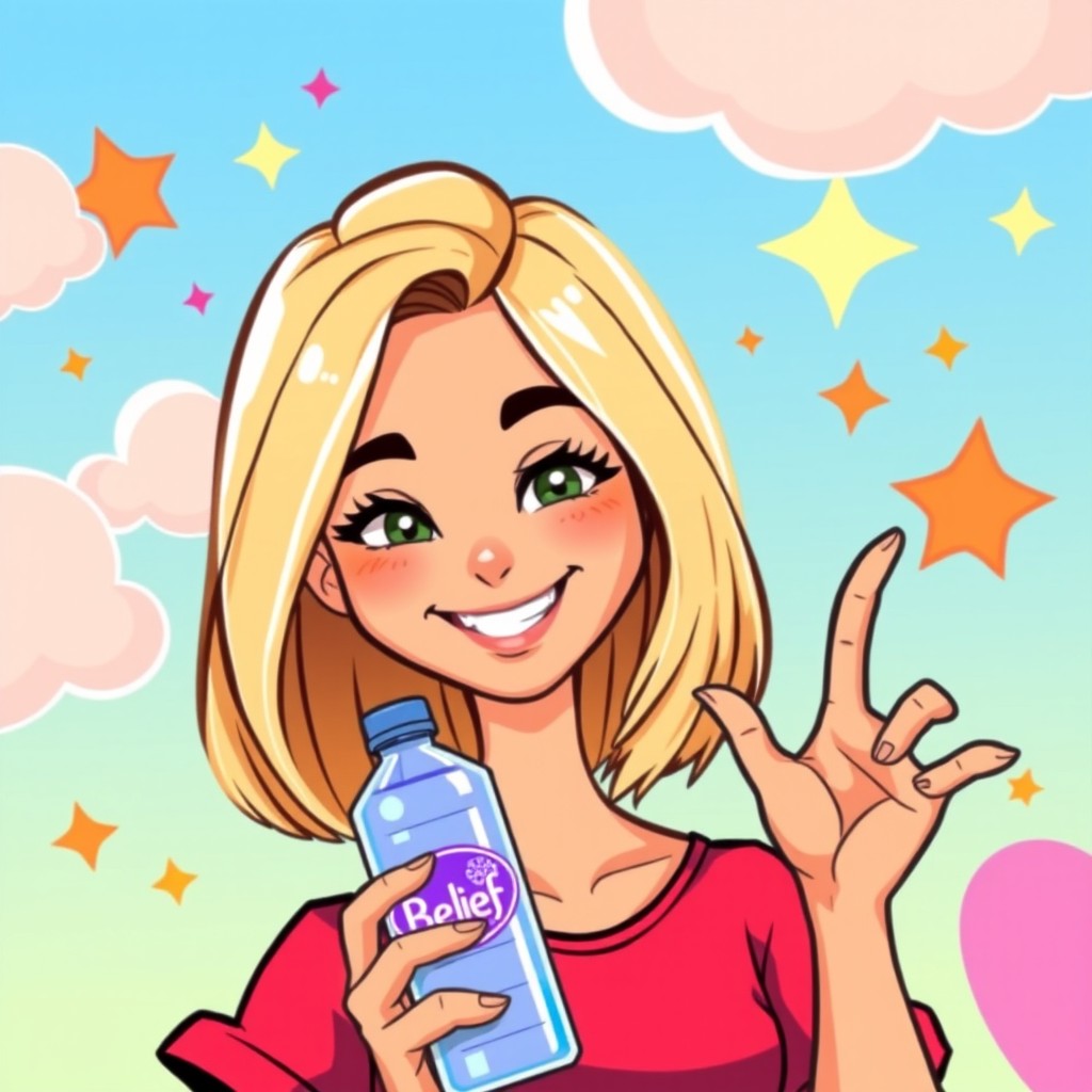 A colorful cartoon avatar of a beautiful young woman, with shoulder-length blonde hair and a cheerful expression