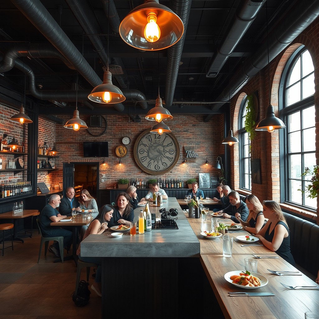 A lively gastrobar with an industrial ambiance, showcasing elements like exposed brick walls, steel pipes, and vintage metal furnishings