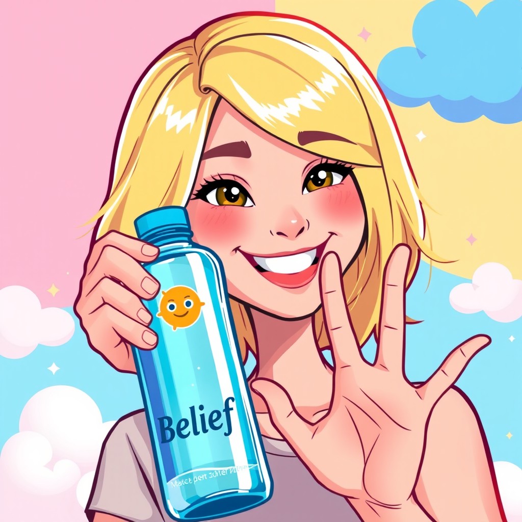 A colorful cartoon avatar of a beautiful young woman, featuring shoulder-length blonde hair and a joyful smile