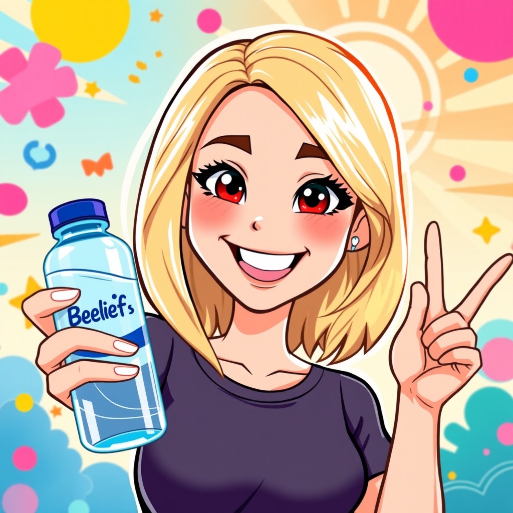 A vibrant cartoon avatar of a beautiful young woman with shoulder-length blonde hair, radiating happiness
