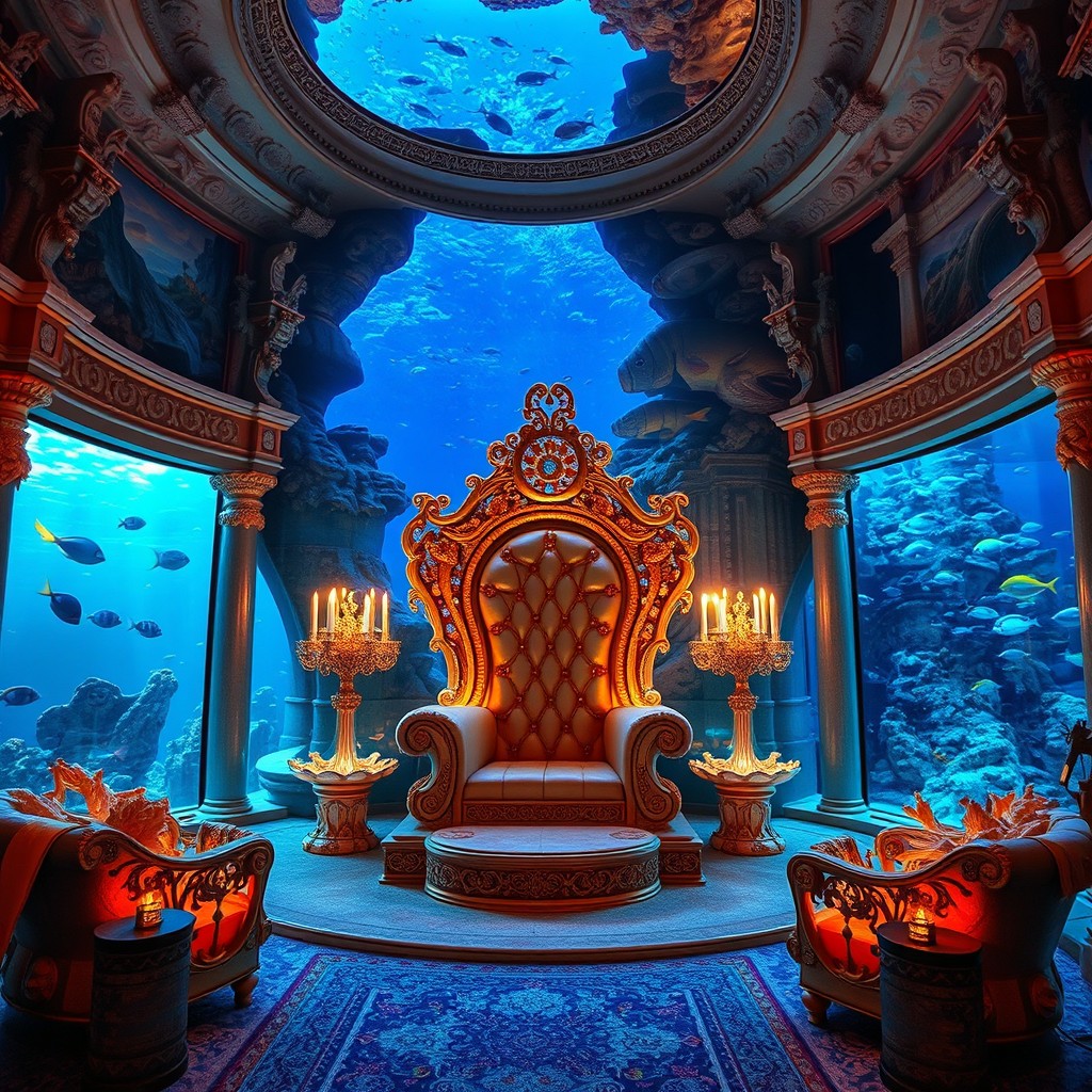 A luxurious room inspired by the mythical lost city of Atlantis, featuring elegant, ancient architecture with intricate carvings and vibrant murals depicting scenes of ocean life