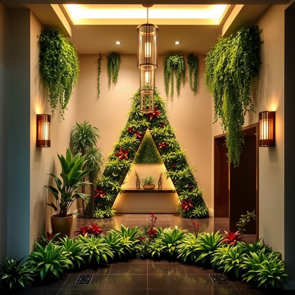 A beautifully designed vestibule featuring triangular shaped greenery and elegant lighting