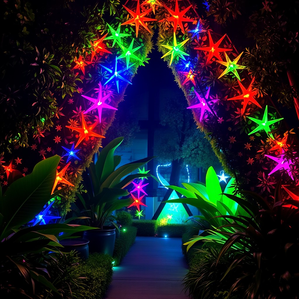 A triangular entrance adorned with vibrant LED lights, surrounded by lush greenery