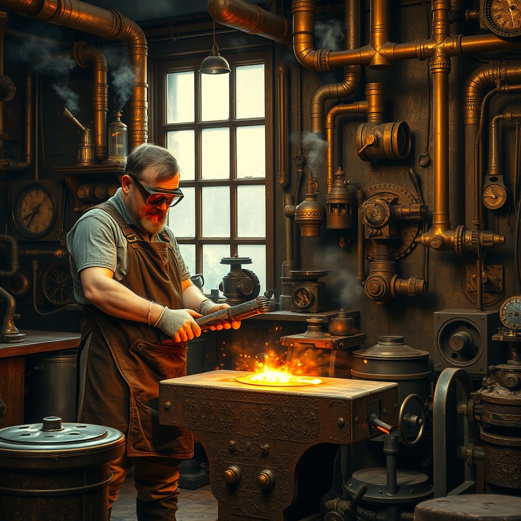 A steampunk scene featuring a blacksmith working diligently at a large anvil, surrounded by an array of intricate machinery and gears
