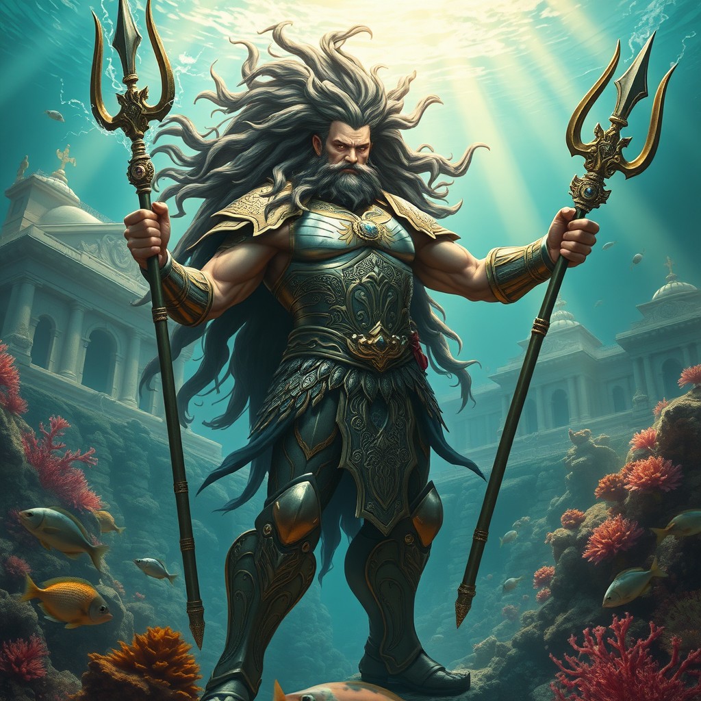 A powerful and majestic scene featuring the Guardian Poseidon of Atlantis, standing tall in a fierce warrior pose