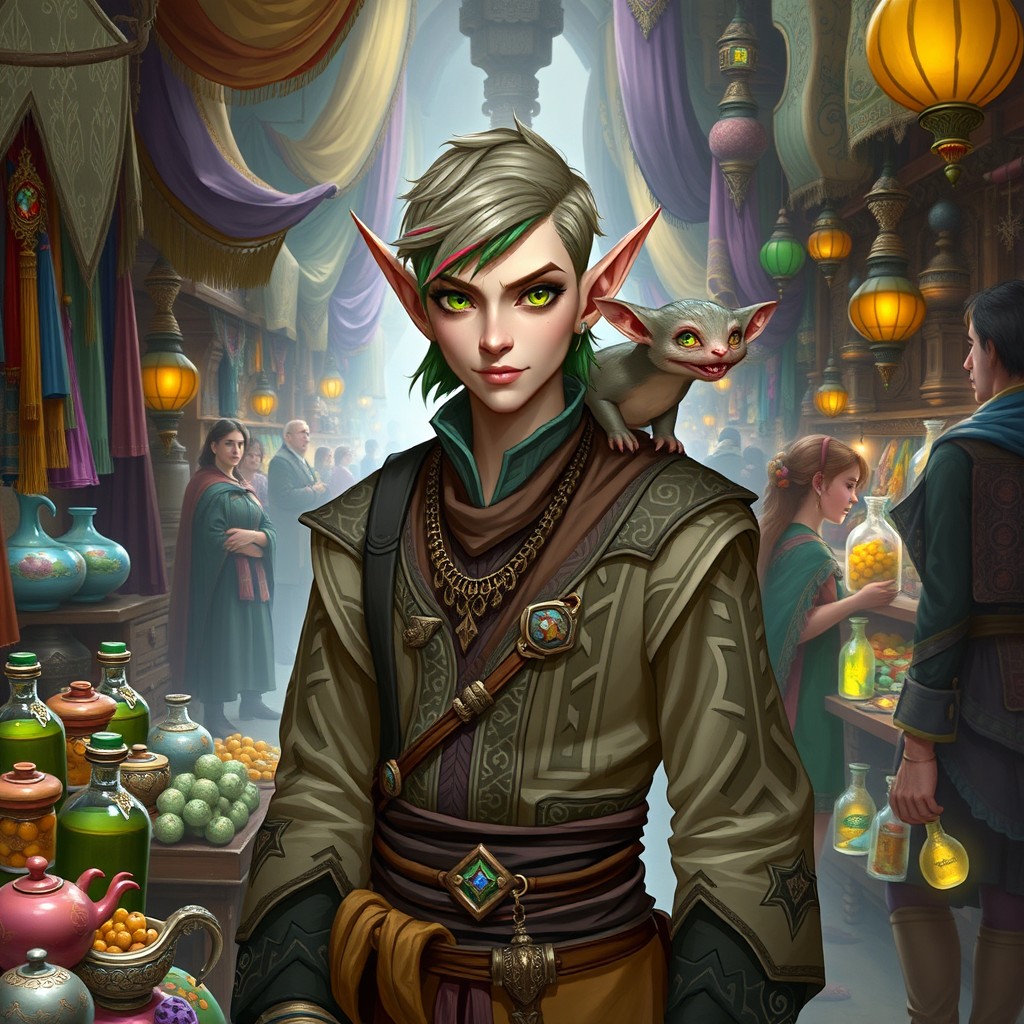 A half-elf merchant, standing confidently in a bustling marketplace filled with colorful stalls and exotic goods