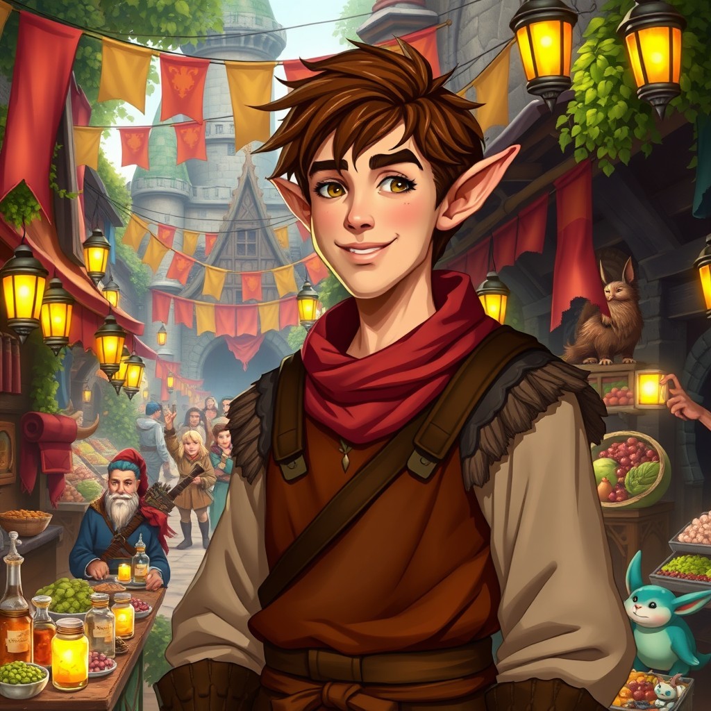 A half-elf merchant in a vibrant fantasy marketplace, wearing a richly detailed tunic and a leather apron