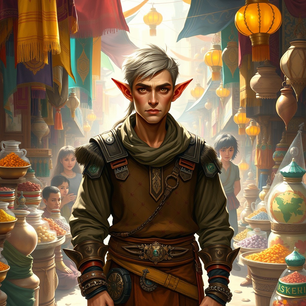 A half-elf merchant standing in a vibrant, bustling marketplace filled with colorful goods and diverse townsfolk