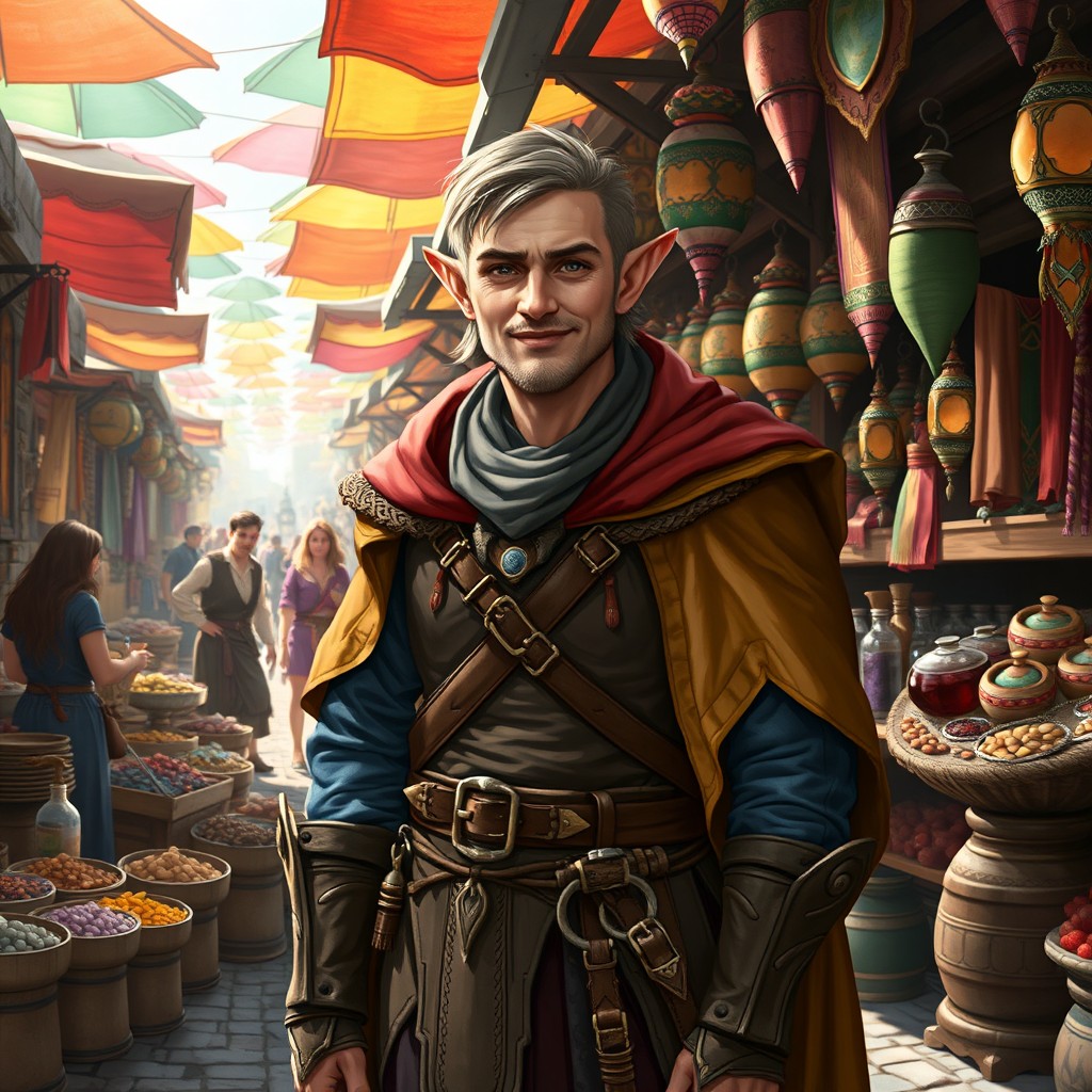 Explore a Bustling Fantasy Market with a Half-Elf Merchant