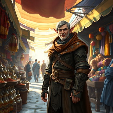 Explore a Bustling Fantasy Market with a Half-Elf Merchant