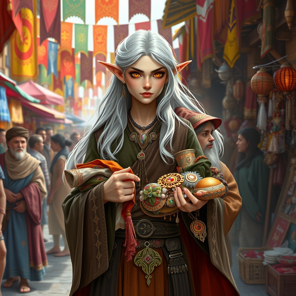 A captivating half-elf merchant standing in a bustling market square filled with colorful stalls and diverse crowds