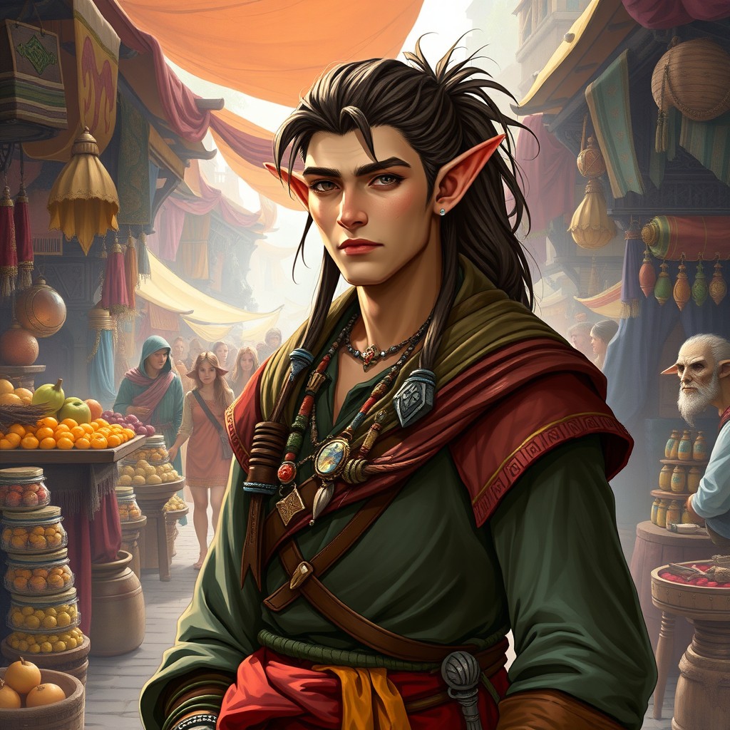 A half-elf trader, showcasing a blend of human and elven features