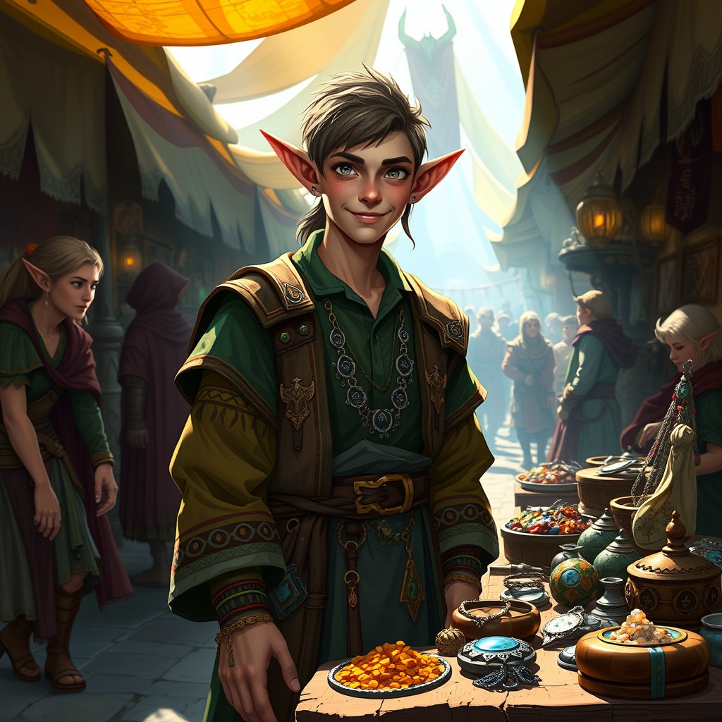 A half-elf merchant standing in a vibrant fantasy marketplace