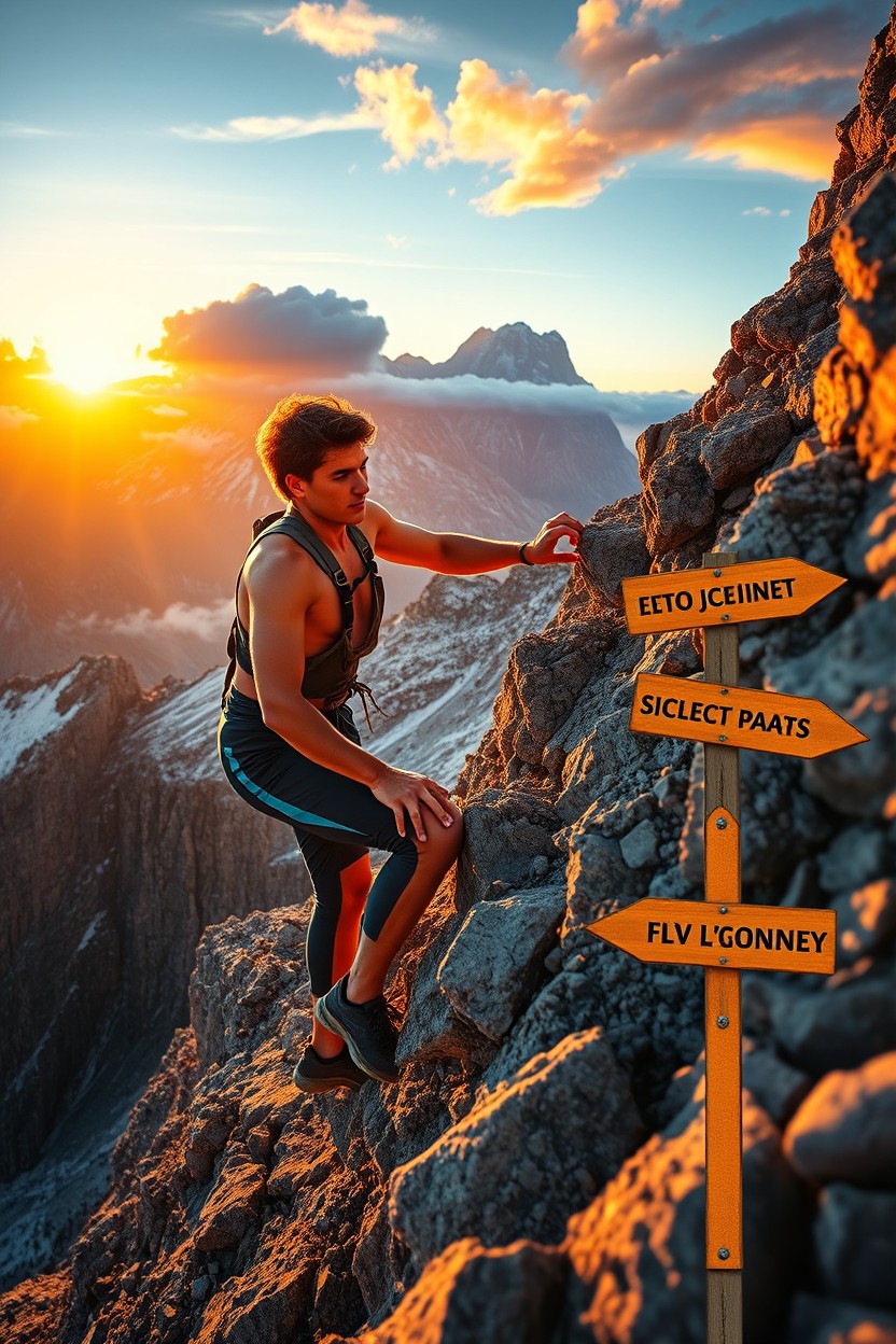 A determined young man climbing a steep mountain, symbolizing the journey to success