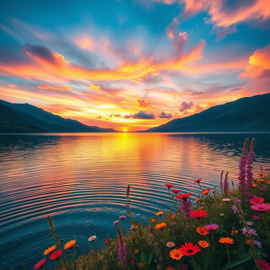 A stunning, ethereal landscape featuring a vibrant sunset over a tranquil lake, surrounded by lush, green mountains