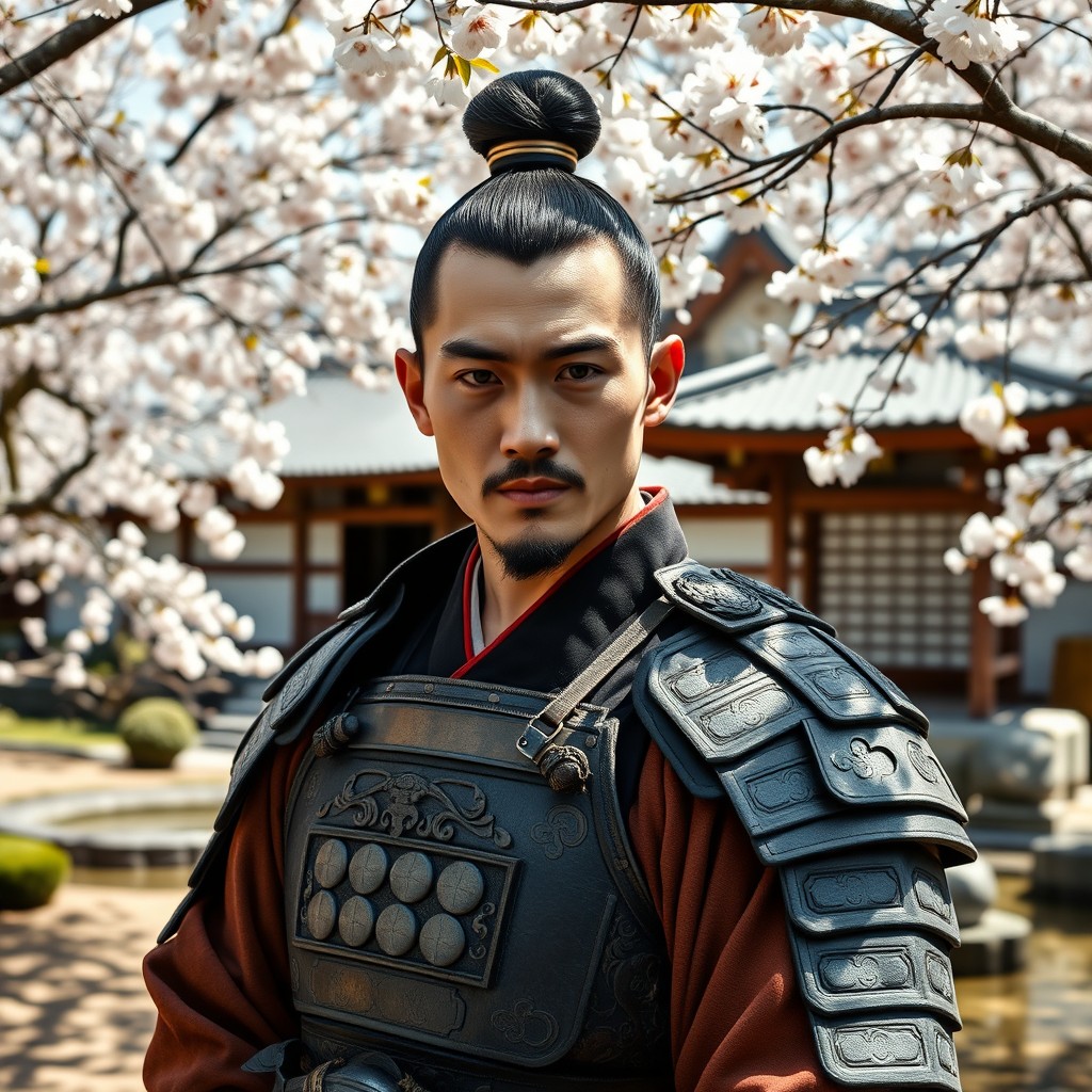 A portrait of an Edo period samurai with a well-styled topknot hairstyle, wearing traditional armor with intricate patterns and decorative elements