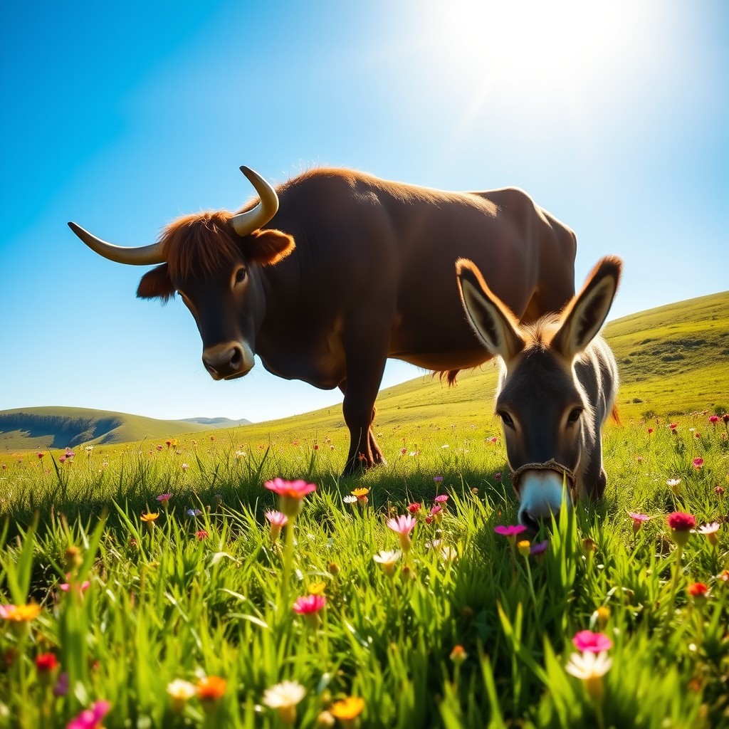 A serene landscape featuring a bull and a donkey peacefully grazing in a lush green meadow under a bright blue sky