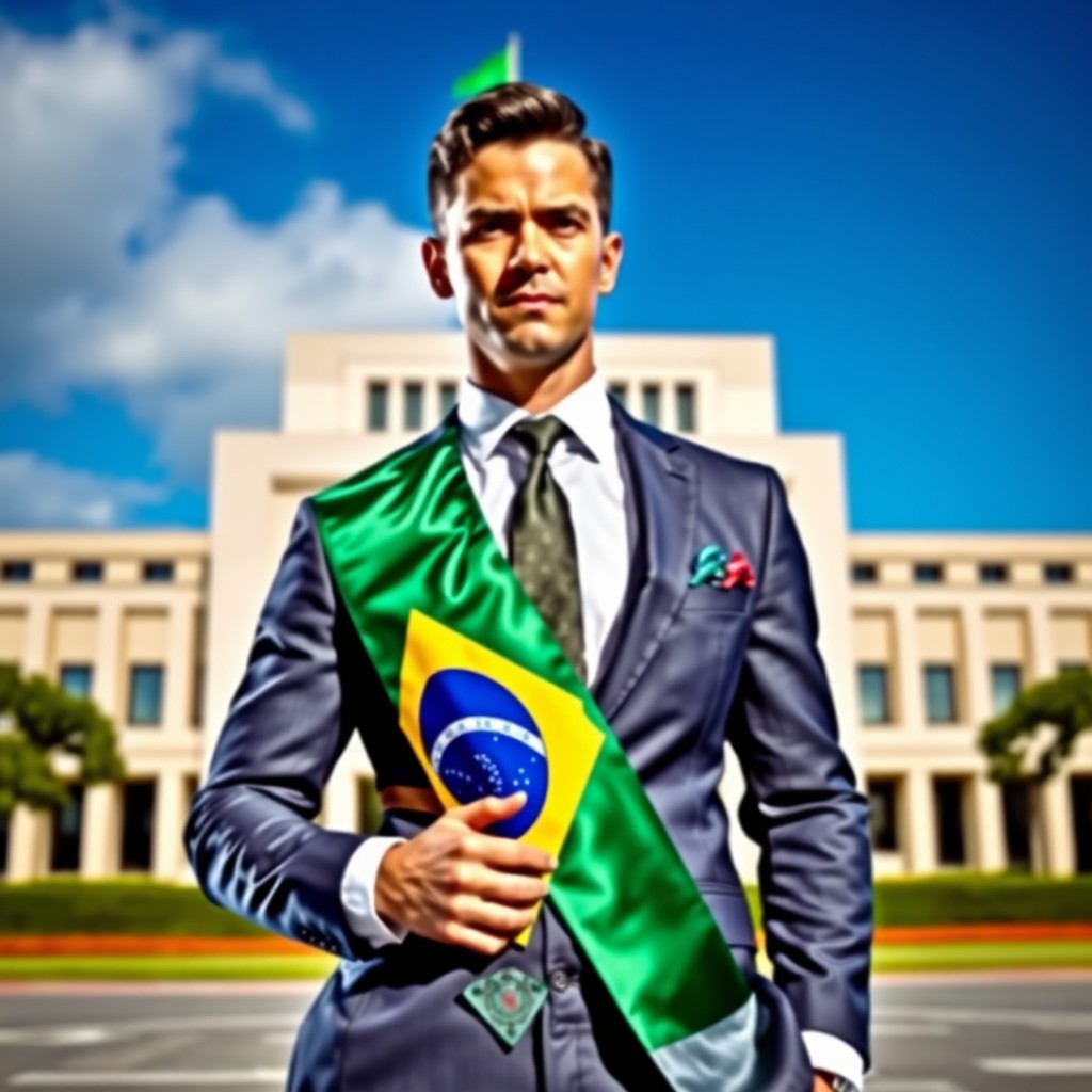 A confident person wearing a sharp suit and tie, adorned with the Brazilian presidential sash, standing prominently in front of the imposing Palácio do Planalto, the architectural symbol of Brazil's government
