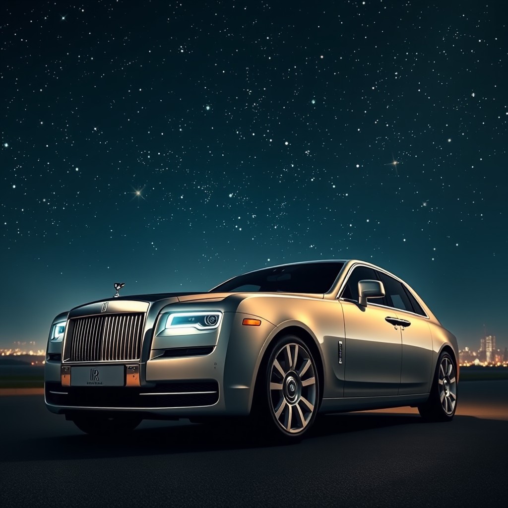 A stunning night scene featuring a luxurious Rolls Royce parked under a starry sky