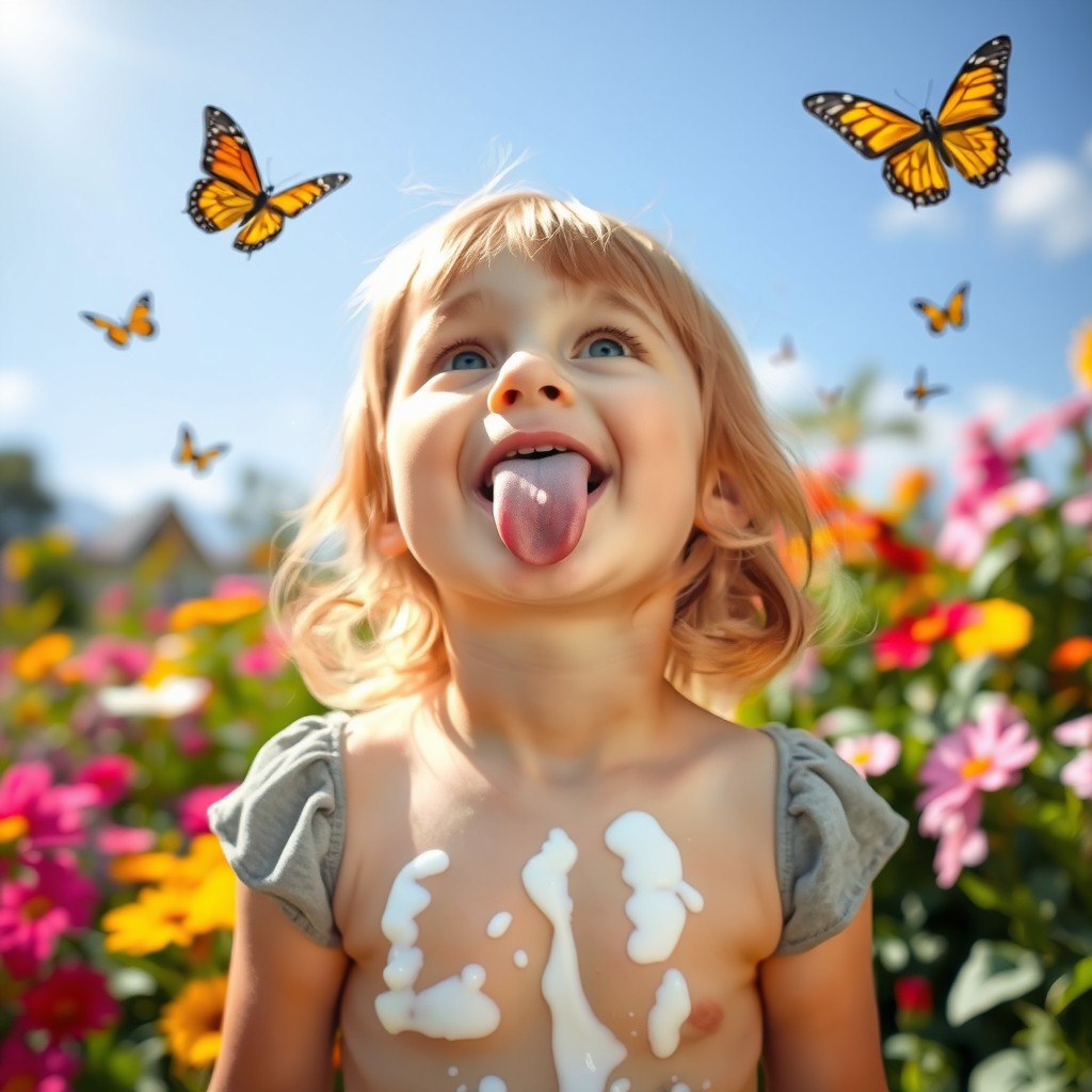 A playful young girl sticking her tongue out, gazing upwards with a cheerful expression