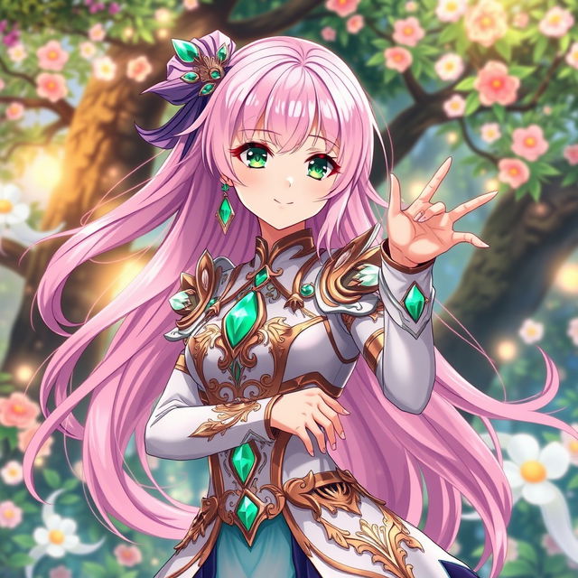 A stunning anime-style waifu character with long flowing pastel pink hair and striking emerald green eyes, wearing an intricately designed fantasy outfit adorned with glowing jewels