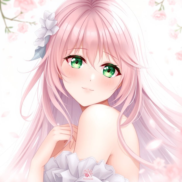 A beautifully rendered anime-style waifu character with long flowing pastel pink hair and striking emerald green eyes, depicted in an artistic and tasteful manner