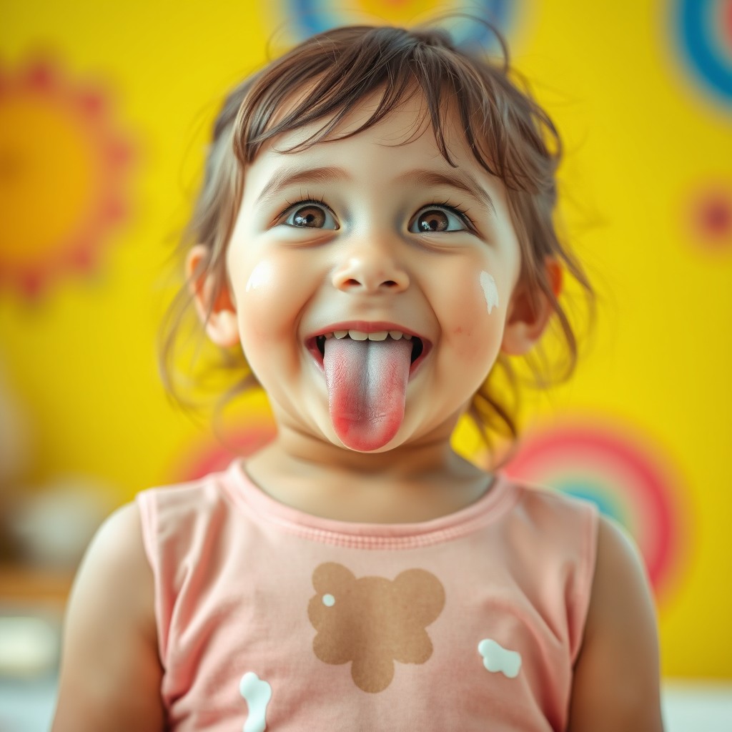 A playful young girl, around 9 years old, looking up with a cheerful expression, her tongue playfully sticking out