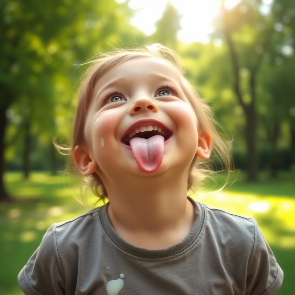 A cheerful young girl looking up towards the sky with her tongue out, playful expression on her face