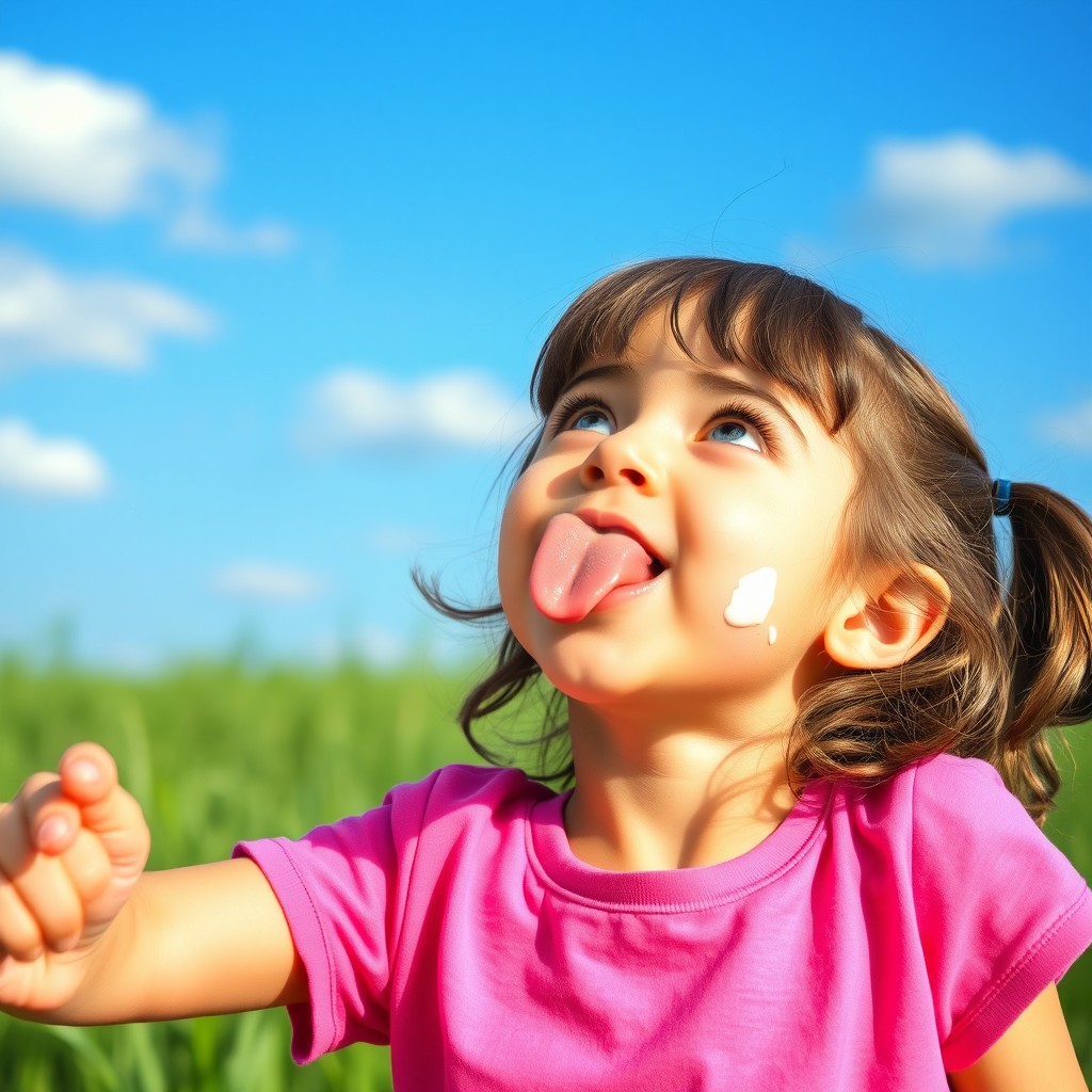 A playful and carefree young girl, around 9 years old, with a mischievous expression, playfully sticking her tongue out while looking up at the sky