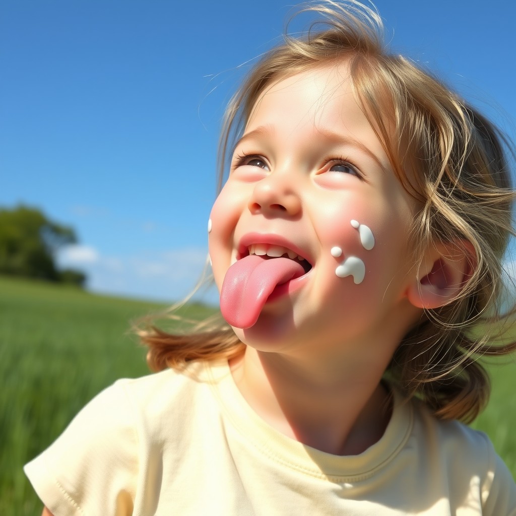 A playful and carefree young girl, around 9 years old, with a mischievous smile, playfully sticking her tongue out while looking up