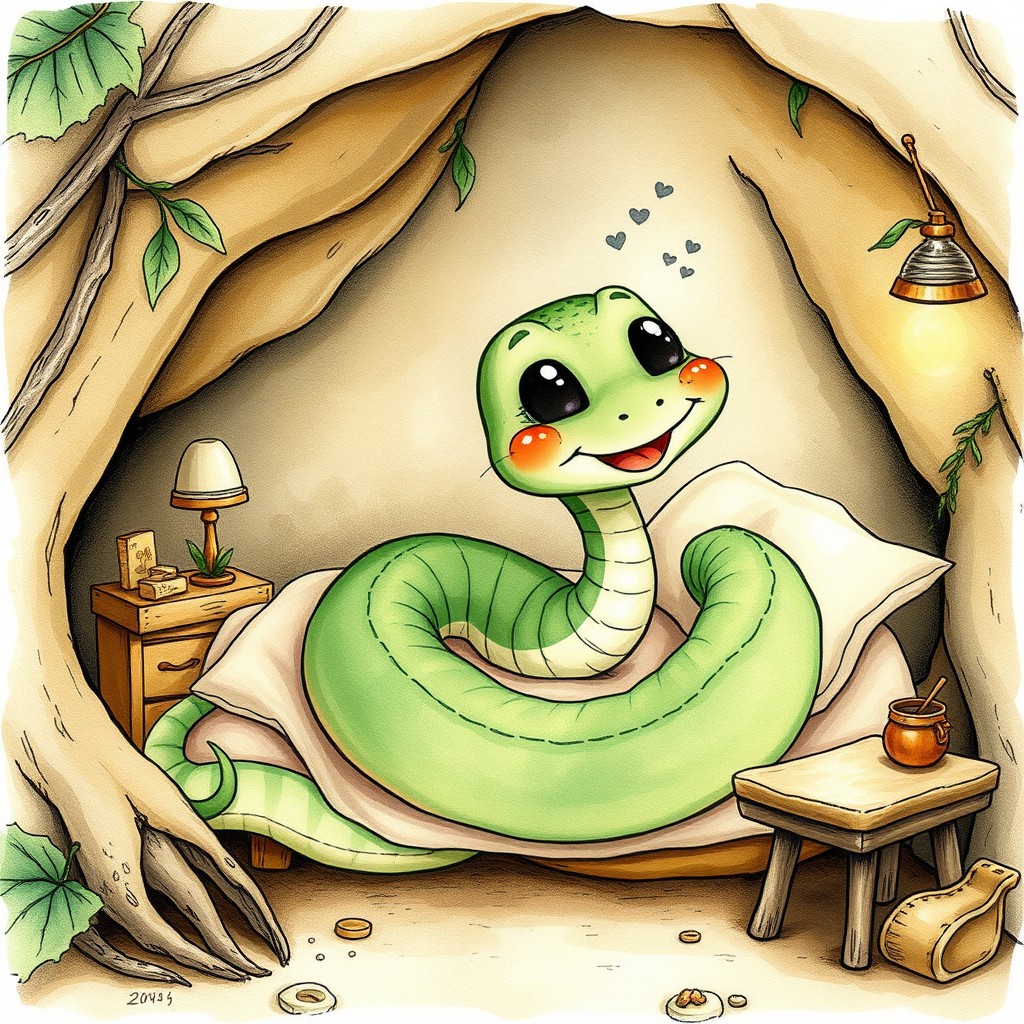 An illustration of a small, friendly, and affectionate green snake captured mid-yawn as it prepares to sleep in its cozy little bed inside its burrow