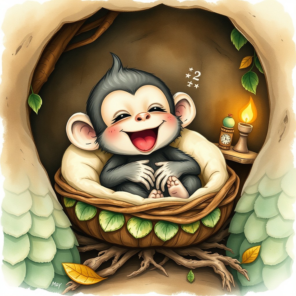 A cozy and charming illustration featuring a small, affectionate monkey caught in the moment of a big yawn as it prepares to sleep in its bed within a warm and inviting burrow