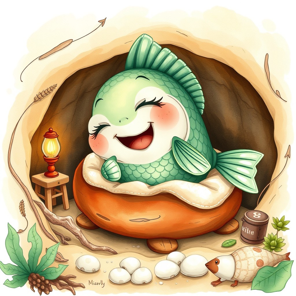 A high-resolution (300 dpi, A4 size) illustration of a small, affectionate, and friendly fish captured in the moment of a big yawn as it prepares to sleep in its cozy little bed