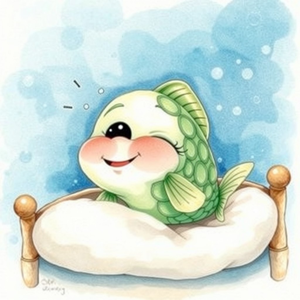 An illustration of a small, affectionate, and friendly fish captured mid-yawn as it prepares to sleep on a cozy little bed underwater