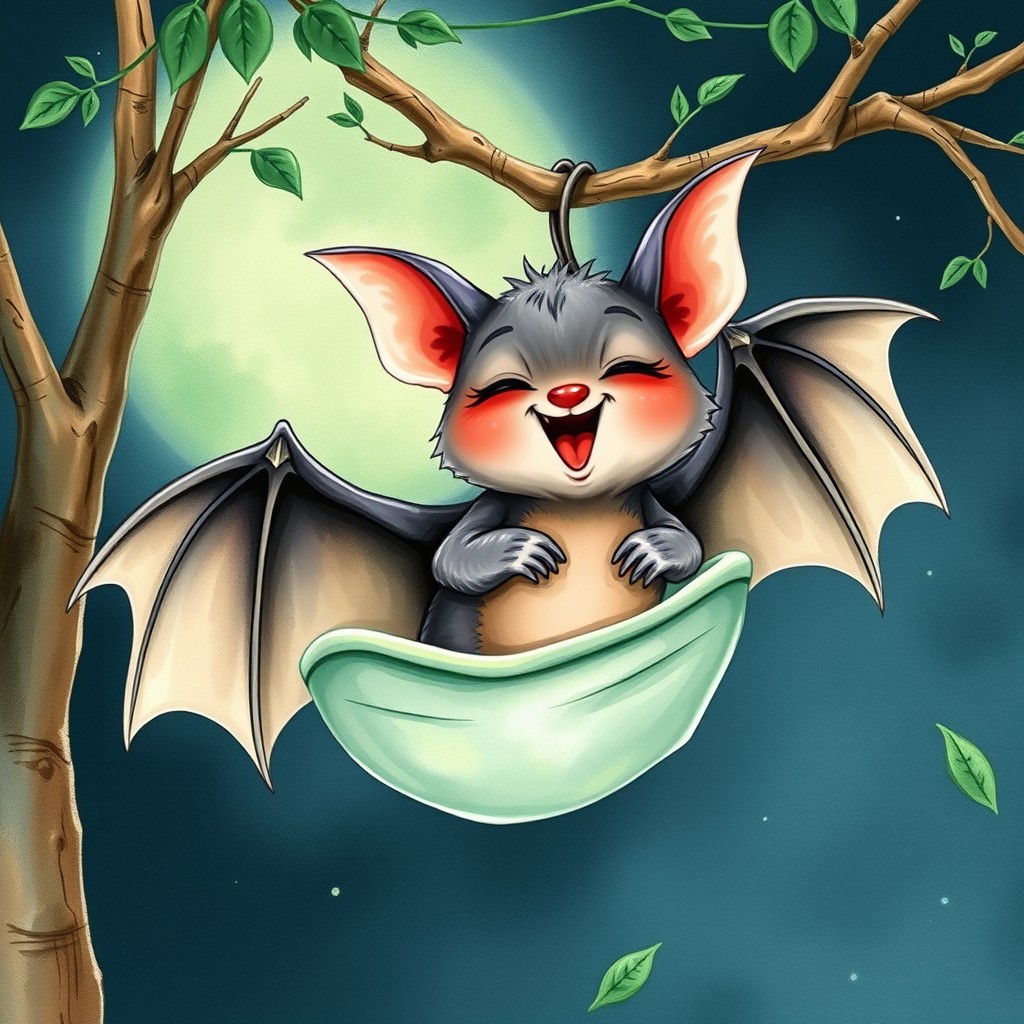 A high-resolution (300 dpi, A4 size) illustration of a friendly and affectionate bat captured mid-yawn while preparing to sleep in its cozy little bed, hanging from a branch