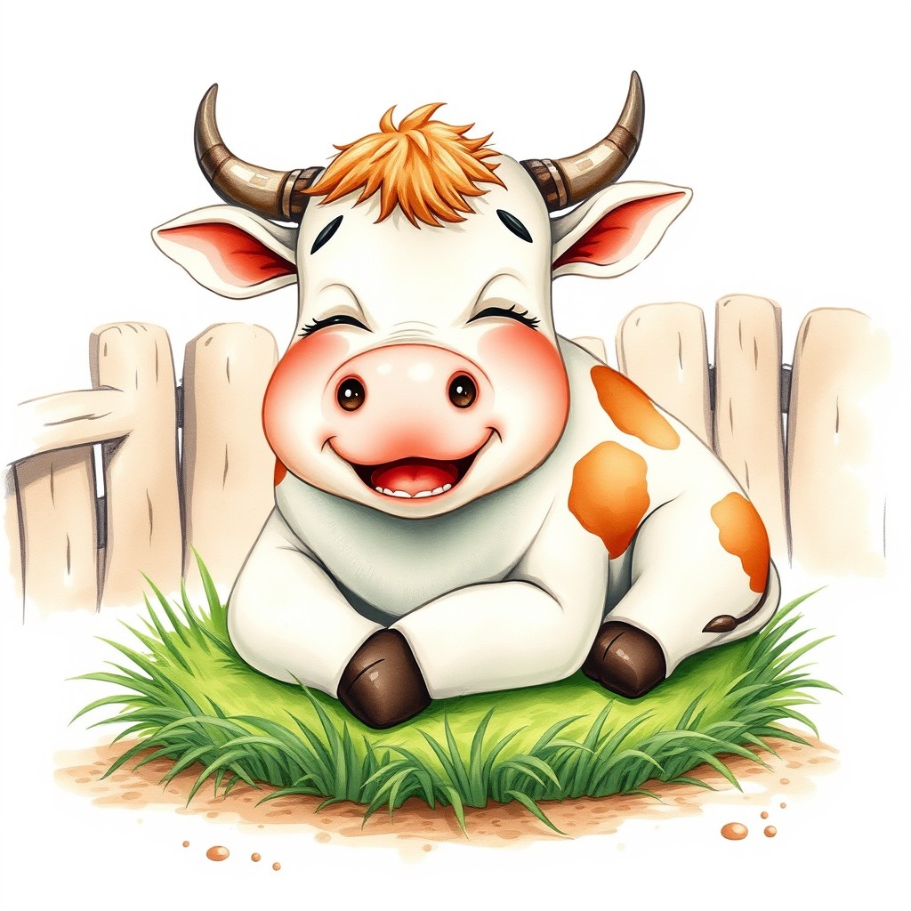 A high-resolution illustration of a cute and friendly bull yawning as it prepares to sleep on a small bed of grass in a pen