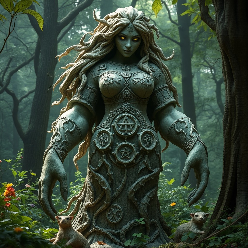 A magnificent stone giant druidess, elegantly crafted from textured stone, with features resembling ancient natural forms