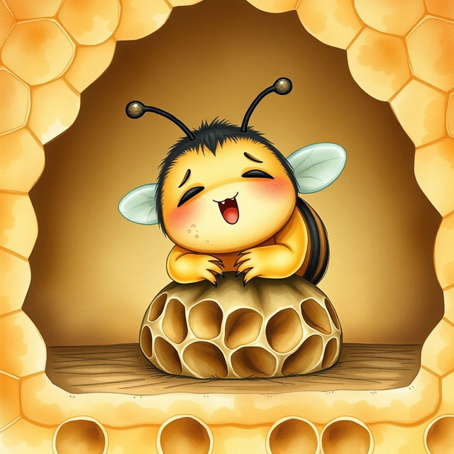 A high-resolution illustration (300 dpi, A4 size) of a friendly and charming bee captured mid-yawn as it prepares to sleep in its cozy bed within a honeycomb