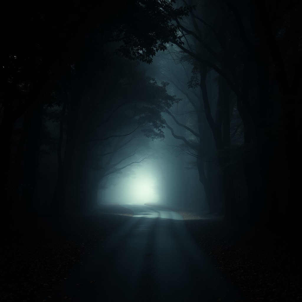 A winding road disappearing into the deep, dark woods, surrounded by towering trees with thick canopies blocking out most of the light
