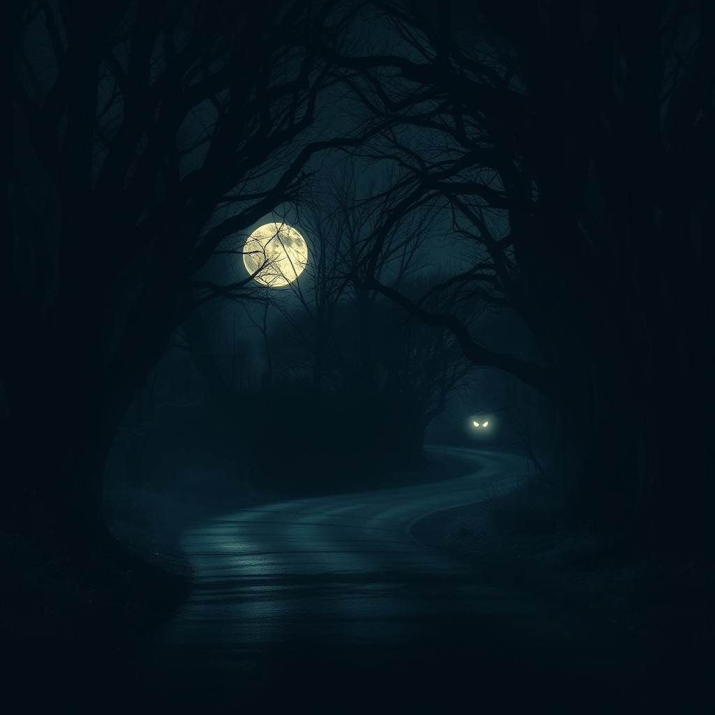 A dark, eerie road winding through spooky woods, illuminated by ghostly moonlight filtering through gnarled trees
